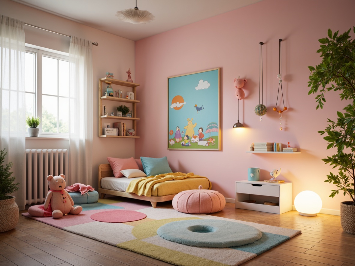 Prompt: Whimsical kids' room, soft pastel colors, cartoon character decorations, playful wall art, vibrant fabric patterns, cozy reading nook, warm LED floor lamps, colorful string lights, fun cloud-shaped ceiling fixtures, sweet fairy lights, delicate flower-petal chandeliers, gentle glow, shallow depth of field, 1/1 composition, realistic textures, ambient occlusion.