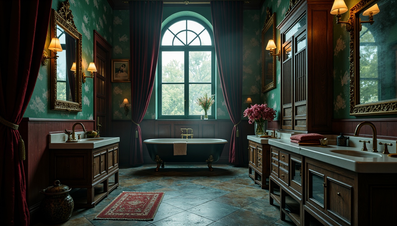 Prompt: Mysterious gothic bathroom, dark academia atmosphere, rich jewel-toned colors, emerald green walls, navy blue accents, crimson red details, ornate gold fixtures, vintage apothecary cabinets, distressed wood textures, mysterious lantern lighting, eerie shadows, dramatic high ceilings, grandiose archways, luxurious velvet drapes, mystical foggy mirrors, antique bronze hardware, weathered stone floors, romantic candlelit ambiance, soft misty atmosphere, cinematic composition, warm golden lighting, shallow depth of field.