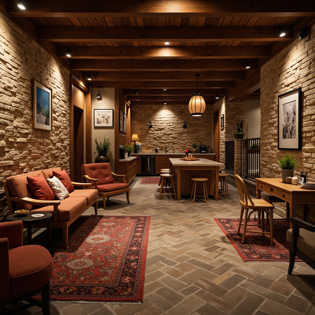 Prompt: Warm traditional basement, rustic wooden accents, vintage furniture, soft warm lighting, rich wood tones, natural stone walls, cozy atmosphere, plush area rugs, unique flooring patterns, herringbone brick design, hexagonal tile arrangement, distressed hardwood planks, ornate metal railings, comfortable seating nooks, earthy color palette, 1/1 composition, shallow depth of field, softbox lighting.