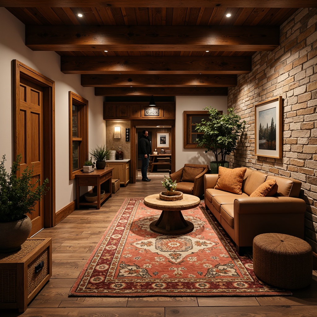 Prompt: Warm traditional basement, rustic wooden accents, vintage decorative trims, cozy atmosphere, plush area rugs, distressed hardwood flooring, reclaimed wood planks, earthy tones, natural stone walls, soft warm lighting, shallow depth of field, 1/1 composition, realistic textures, ambient occlusion.