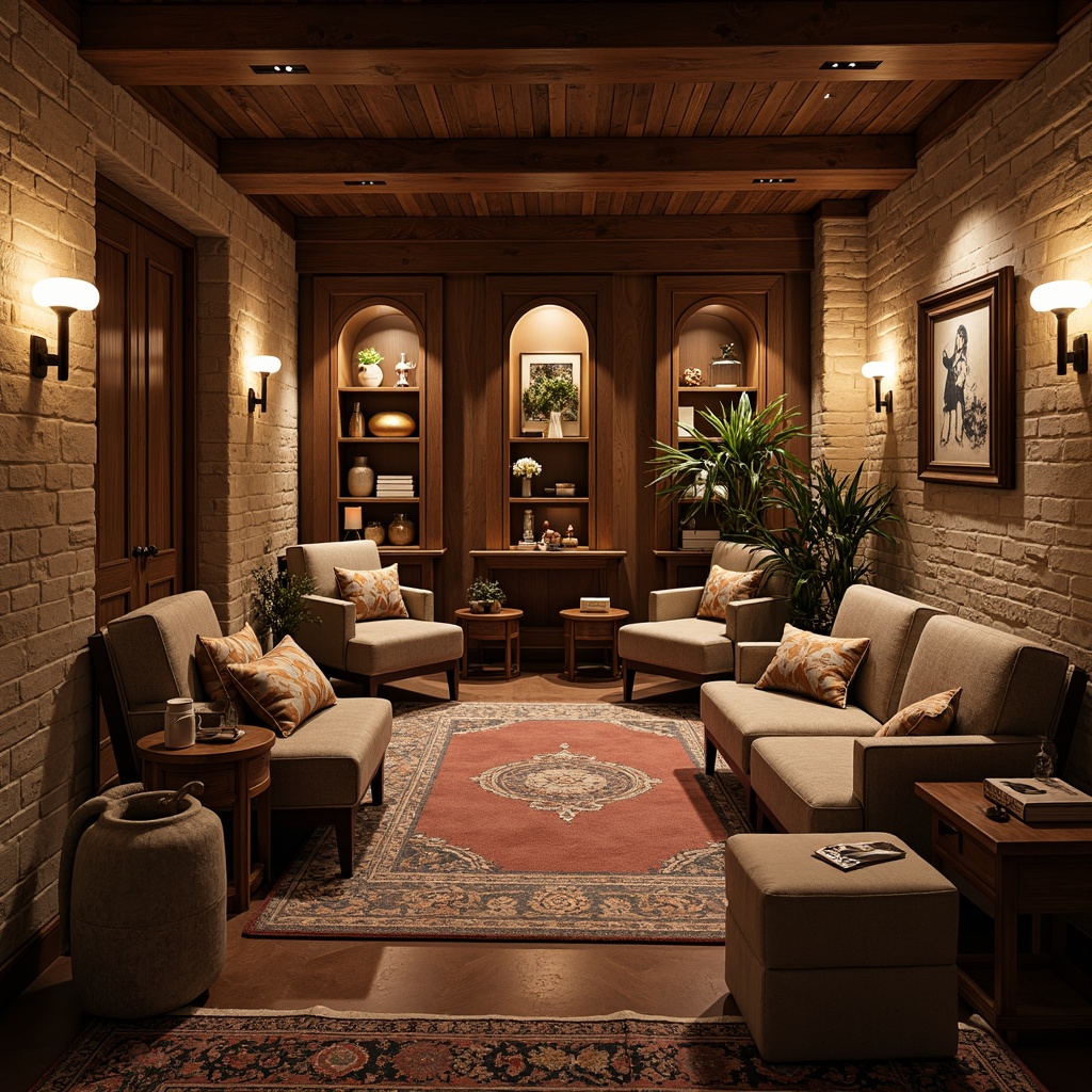 Prompt: Cozy basement, traditional stone walls, warm earthy tones, rustic wooden accents, natural textured finishes, ambient soft lighting, intimate seating areas, plush carpets, comfortable furnishings, vintage decorative items, distressed wood beams, exposed brickwork, arched windows, classic ornate moldings, rich velvet drapes, subtle color palette, 1/2 composition, shallow depth of field, warm golden lighting, realistic textures, atmospheric fog.