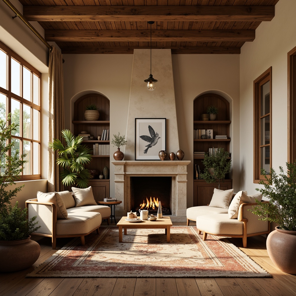 Prompt: Warm beige walls, rich wood tones, soft cream accents, traditional ornate moldings, rustic stone fireplaces, plush area rugs, cozy reading nooks, vintage metal lanterns, warm bronze fixtures, earthy terracotta pots, lush greenery, natural textures, warm golden lighting, shallow depth of field, 2/3 composition, realistic renderings, ambient occlusion.