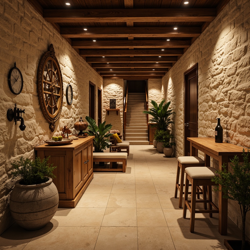 Prompt: Rustic basement, traditional stone walls, earthy tones, warm beige flooring, wooden accents, exposed brickwork, distressed finishes, ornate metal fixtures, cozy nooks, soft warm lighting, shallow depth of field, 1/1 composition, realistic textures, ambient occlusion, natural materials, organic shapes, vintage decorative items, classic furnishings, intimate atmosphere.