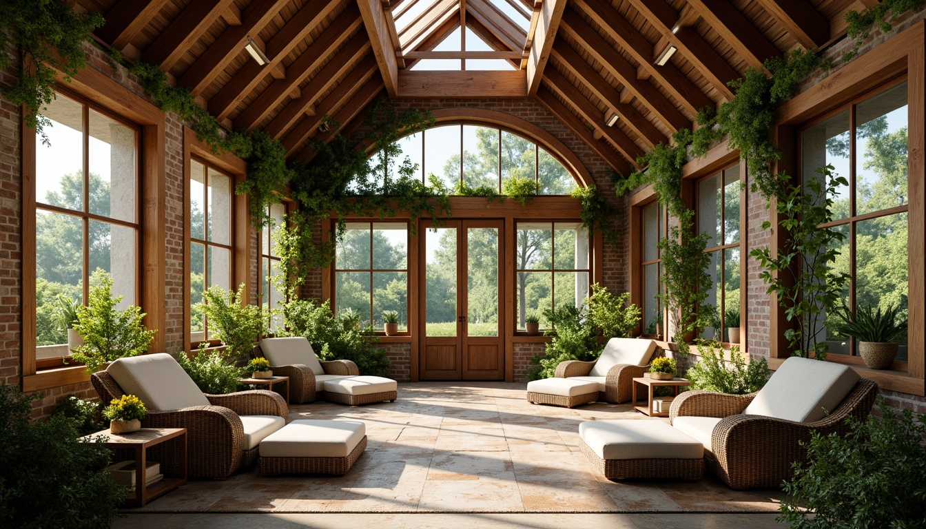 Prompt: Rustic sunroom, wooden beams, exposed brick walls, natural stone floors, earthy color palette, abundant greenery, lush plants, vines crawling up walls, wooden furniture, wicker armchairs, plush cushions, large windows, sliding glass doors, clerestory windows, skylights, soft warm lighting, shallow depth of field, 3/4 composition, panoramic view, realistic textures, ambient occlusion.