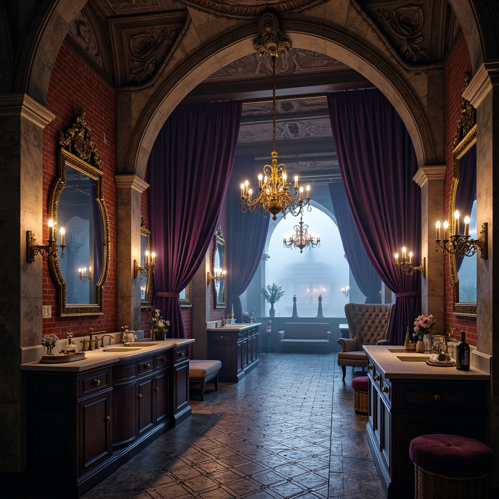 Prompt: Intricate Gothic arches, ornate stone carvings, mysterious dark tones, luxurious velvet drapes, regal purple accents, rich gold fixtures, opulent marble countertops, intricate tile patterns, hexagonal mosaic floors, herringbone brick walls, grandiose chandeliers, warm candlelight, mystical foggy atmosphere, 3/4 composition, shallow depth of field, panoramic view, realistic textures, ambient occlusion.