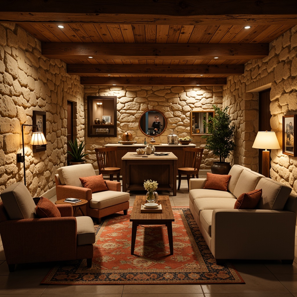 Prompt: Cozy basement, traditional style, warm wood tones, stone walls, rustic metal accents, soft warm lighting, table lamps, floor lamps, pendant lights, warm beige colors, comfortable seating areas, plush carpets, vintage decorative items, distressed wood furniture, earthy color palette, warm ambient glow, shallow depth of field, 1/1 composition, realistic textures, ambient occlusion.