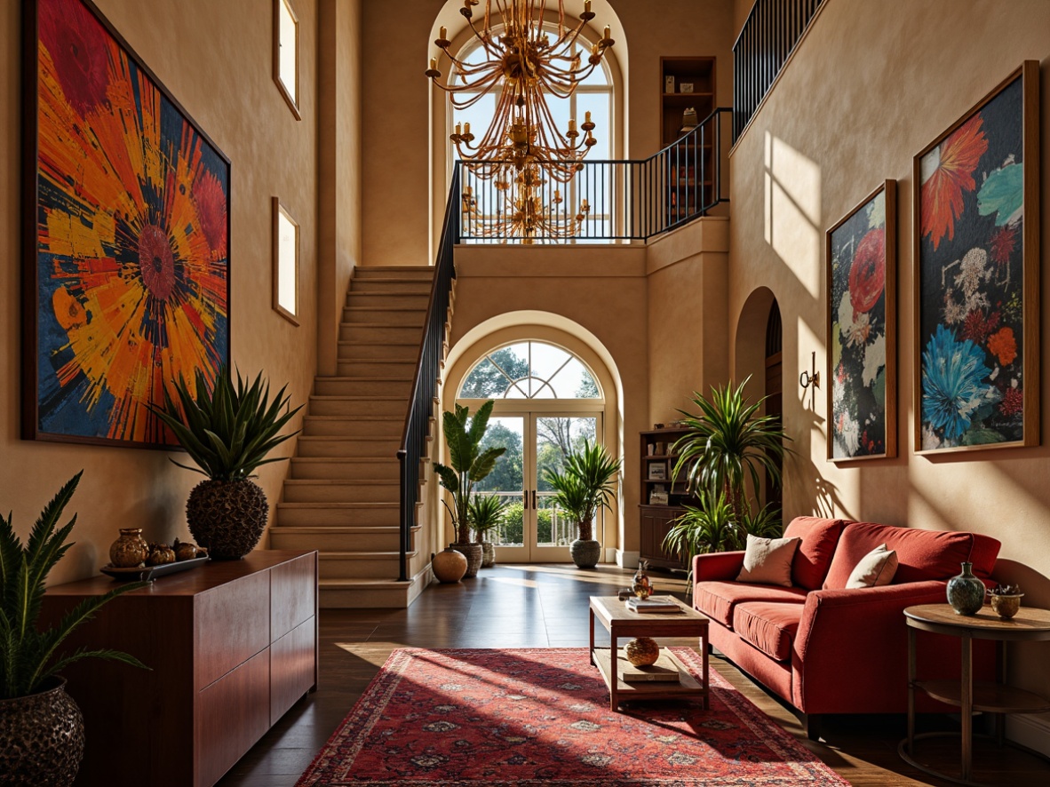 Prompt: Vibrant entryway, abstract expressionist artwork, bold color palette, eclectic furniture pieces, unconventional decorative objects, ornate mirrors, luxurious fabrics, lavish chandeliers, dramatic lighting effects, sweeping staircases, grandiose architectural details, opulent materials, rich textures, 3/4 composition, shallow depth of field, warm softbox lighting, cinematic atmosphere.