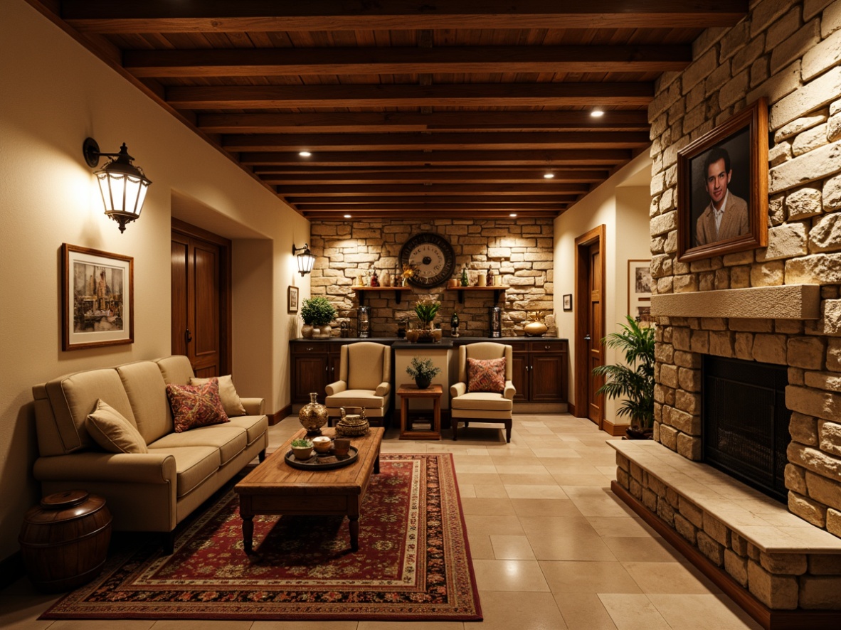 Prompt: Cozy basement, traditional style, warm beige walls, rustic stone treatments, natural brick accents, wooden beam ceilings, soft warm lighting, earthy color palette, comfortable seating areas, vintage decor items, distressed wood furniture, plush area rugs, rich textiles, ornate metal fixtures, classic lanterns, warm ambiance, shallow depth of field, 1/1 composition, realistic textures, ambient occlusion.