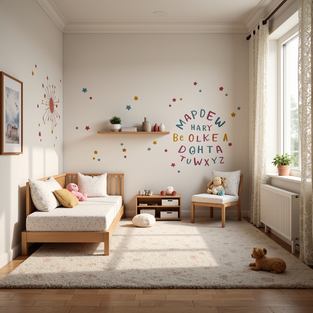 Prompt: Whimsical kids' bedroom, soft pastel colors, playful polka dots, fluffy carpets, cozy reading nooks, vibrant wall decals, colorful alphabet letters, sweet fairy lights, delicate lace curtains, plush toys, wooden furniture, natural wood textures, creamy white walls, gentle morning sunlight, warm beige flooring, 1/1 composition, intimate atmosphere, subtle shadows, soft focus blur.