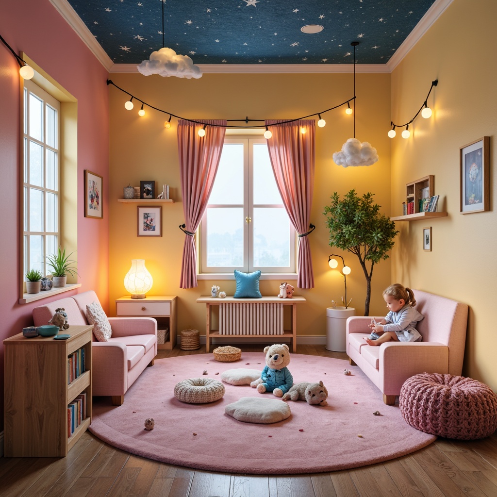 Prompt: Whimsical kids' room, colorful walls, playful furniture, soft pastel hues, string lights, cloud-shaped lamps, cartoon-inspired fixtures, rounded shapes, safe materials, gentle glow, warm ambiance, cozy reading nooks, fantasy-themed decor, starry night sky ceiling, magical atmosphere, 1/1 composition, shallow depth of field, realistic textures, ambient occlusion.