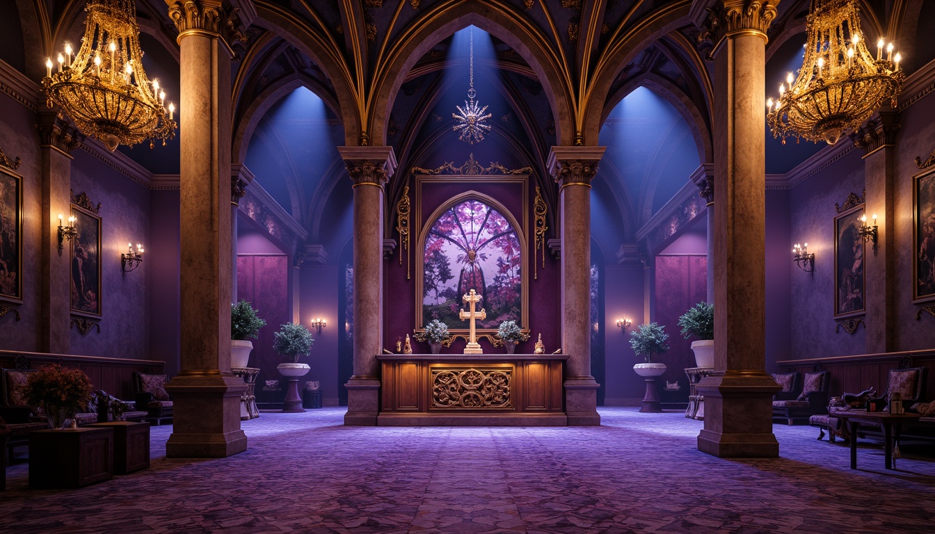 Prompt: Intricate gothic arches, ornate stone carvings, mystical medieval ambiance, rich jewel-toned tiles, hexagonal mosaic patterns, dark mysterious grout, lavish gold accents, regal purple hues, dramatic high ceilings, ornamental ironwork, Victorian-inspired fixtures, grandiose chandeliers, soft warm candlelight, 3/4 composition, shallow depth of field, realistic textures, ambient occlusion.