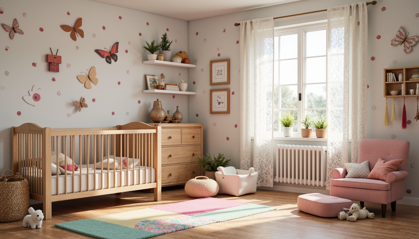 Prompt: Whimsical nursery, soft pastel colors, playful polka dots, adorable stuffed animals, wooden cribs, delicate lace curtains, vintage-inspired furniture, colorful rugs, imaginative wall murals, 3D butterfly decorations, shimmering fairy lights, cozy reading nooks, plush toys, sweet feminine touches, gentle warm lighting, shallow depth of field, 1/2 composition, realistic textures, ambient occlusion.