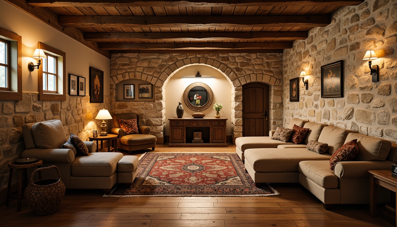 Prompt: Cozy basement, traditional style, rustic wooden flooring, warm beige tones, ornate area rugs, plush sectional sofas, natural stone walls, vintage decorative artifacts, soft warm lighting, shallow depth of field, 1/2 composition, realistic textures, ambient occlusion.