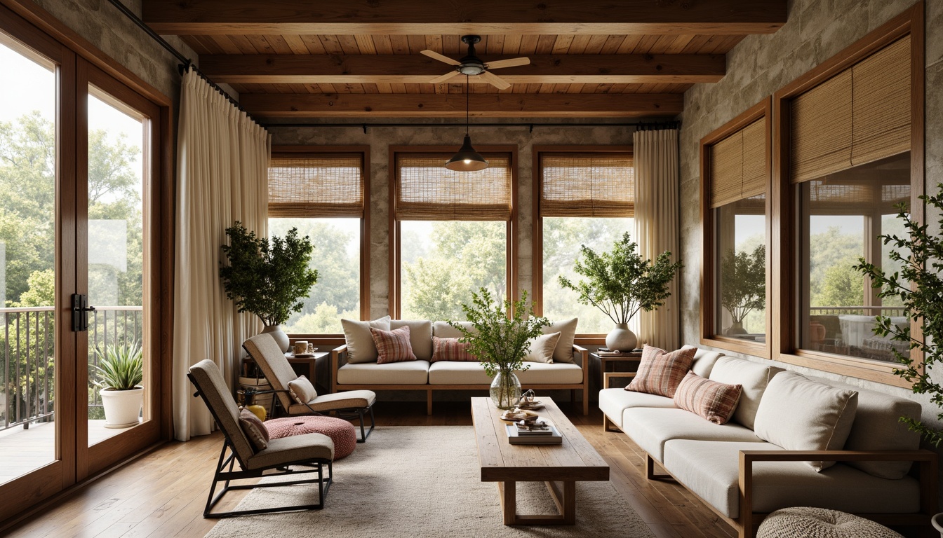 Prompt: Rustic sunroom, reclaimed wood accents, natural stone walls, earthy color palette, floor-to-ceiling windows, sliding glass doors, linen drapes, burlap valances, woven bamboo shades, distressed wood shutters, vintage metal hardware, soft warm lighting, cozy reading nooks, plush throw blankets, nature-inspired patterns, organic textiles, warm beige tones, rustic chic decor, 1/1 composition, shallow depth of field, realistic textures, ambient occlusion.