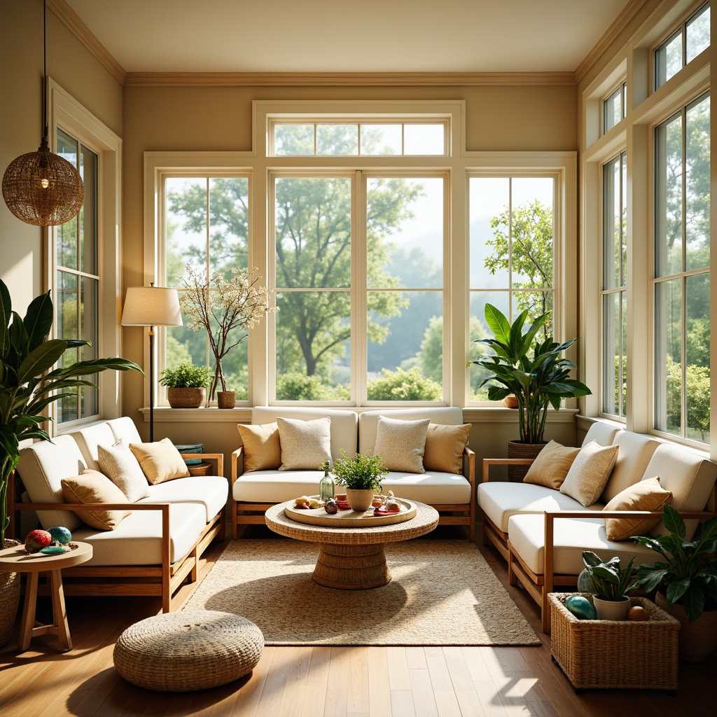 Prompt: Vibrant sunroom, warm natural light, soft pastel hues, calming beige walls, creamy white furniture, lush greenery, blooming flowers, wooden accents, rattan textures, comfortable seating areas, cozy throw pillows, refreshing citrus colors, soothing blue undertones, warm golden lighting, shallow depth of field, 1/2 composition, realistic textures, ambient occlusion.