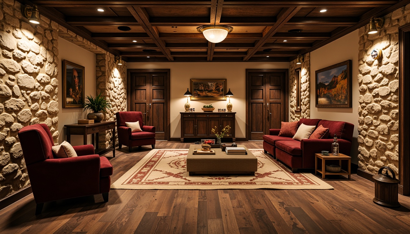 Prompt: Cozy basement, traditional rustic charm, warm wooden accents, stone-clad walls, earthy tones, plush area rugs, luxurious velvet furniture, ornate wooden ceiling beams, vintage decorative lighting, rich leather upholstery, distressed wood flooring, herringbone pattern, dark-stained hardwood, warm beige carpeting, soft warm glow, shallow depth of field, 1/2 composition, realistic textures, ambient occlusion.