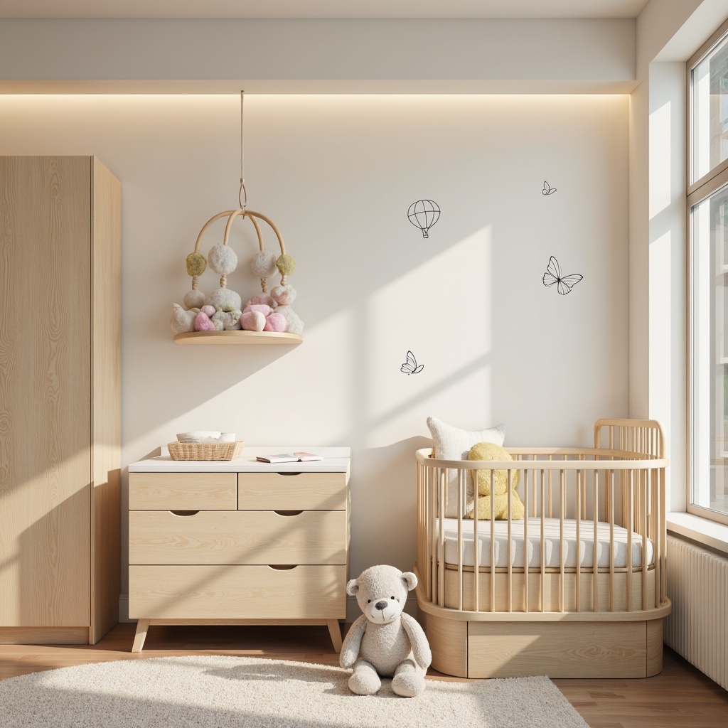 Prompt: Soft pastel colors, gentle texture, minimalist furniture, crib with rounded edges, changing station with storage, plush area rug, warm white LED lighting, creamy wall paint, subtle sheen finish, horizontal wood panels, natural oak wood tone, soft-close cabinets, modern mobile above crib, whimsical wall decals, delicate butterflies, hot air balloon motifs, gentle breeze feeling, shallow depth of field, 1/1 composition, soft focus, warm color temperature.