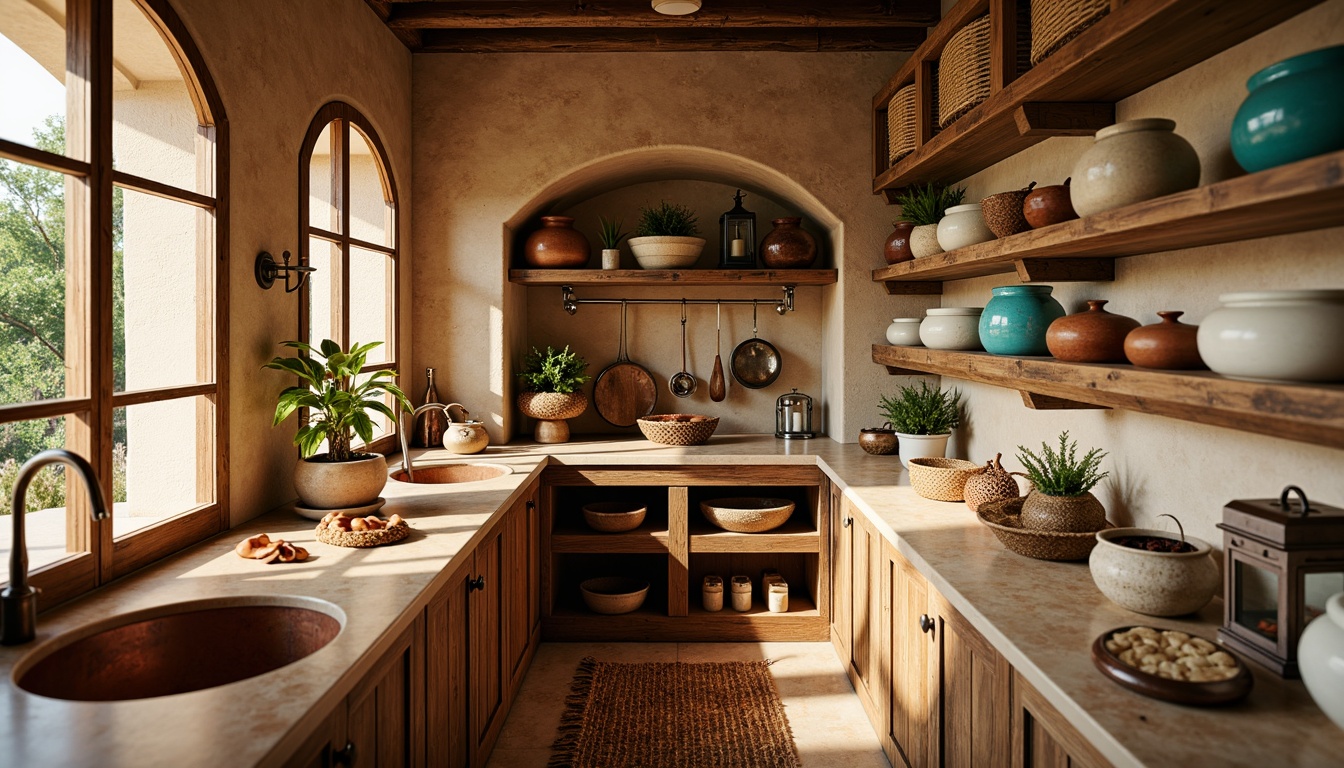 Prompt: Warm Mediterranean pantry, rustic wooden shelves, distressed finishes, earthy terracotta pots, woven wicker baskets, ornate metal lanterns, creamy white ceramics, vibrant turquoise accents, soft golden lighting, shallow depth of field, 1/1 composition, realistic textures, ambient occlusion, warm beige stone walls, natural fiber rugs, aromatic herbs, fragrant spices, copper kitchen utensils, ceramic tiles, wooden countertops, traditional Spanish-inspired architecture.