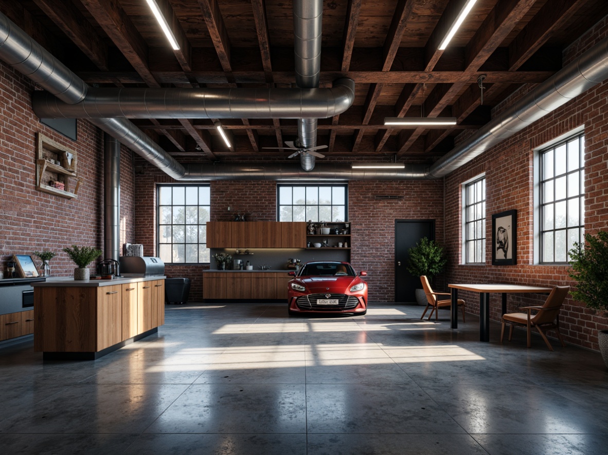 Prompt: Industrial-style garage, exposed brick walls, metallic accents, polished concrete floors, sleek steel beams, rustic wooden cabinets, bold color scheme, deep blues, rich reds, neutral grays, warm beige tones, dramatic lighting effects, high-contrast shadows, 1/1 composition, moody atmosphere, realistic textures, ambient occlusion.