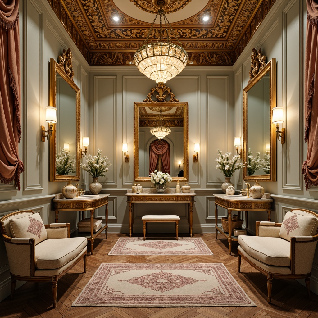 Prompt: Opulent powder room, lavish furnishings, intricate gold leafing, ornate mirrors, delicate ceramic vases, soft pastel hues, luxurious velvet drapes, richly patterned rugs, ornamental candelabras, grandiose chandeliers, Baroque architectural influences, carved wooden paneling, gilded accents, sumptuous marble countertops, intimate seating areas, warm candlelight, shallow depth of field, 1/1 composition, dramatic shadows, realistic reflections.