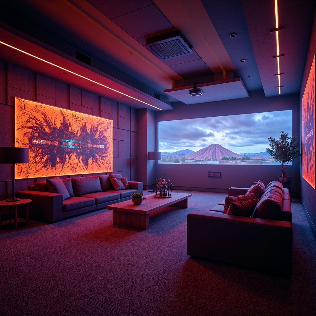 Prompt: Cozy game room, warm ambient lighting, comfortable seating areas, entertainment consoles, virtual reality stations, futuristic gaming PCs, high-tech sound systems, cinematic screens, popcorn machines, mini bars, social gathering spaces, vibrant color schemes, modern minimalist decor, geometric patterns, soft carpeted floors, acoustic panels, atmospheric fog effects, dramatic spotlighting, 3/4 composition, shallow depth of field, panoramic view.