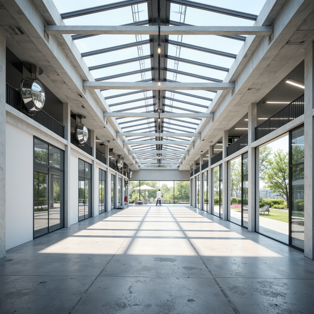 Prompt: Spacious garage interior, large windows, sliding glass doors, skylights, transparent roof panels, white reflective ceilings, polished concrete floors, minimalist decor, industrial-style lighting fixtures, metal beams, exposed ductwork, abundant natural light, bright airy atmosphere, 1/1 composition, high-angle shot, softbox lighting, subtle shadows, realistic textures.