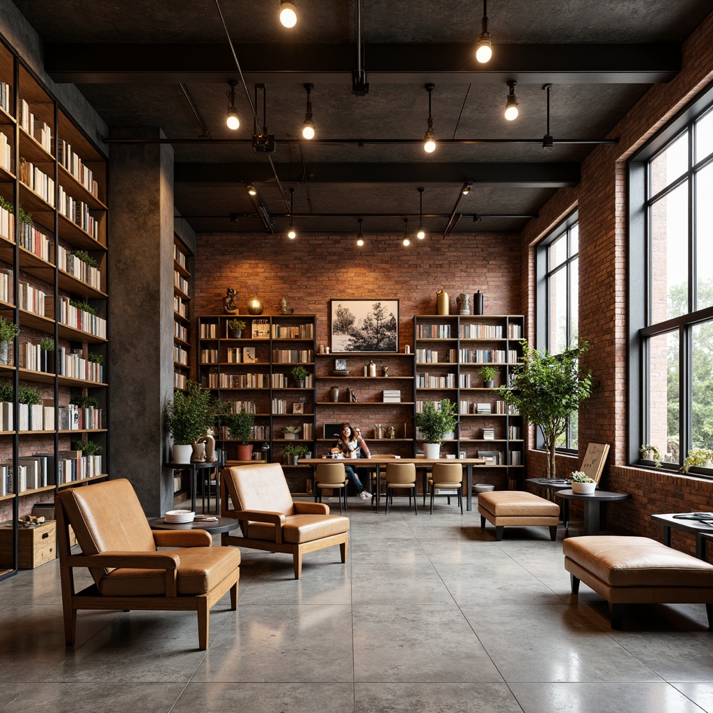 Prompt: Exposed brick walls, metal beams, reclaimed wood shelves, industrial-style lighting, vintage book carts, distressed leather armchairs, wooden crates, metal ladder bookshelves, minimalist decor, urban loft atmosphere, warm neutral color palette, natural stone flooring, comfortable reading nooks, floor-to-ceiling bookcases, eclectic decorative objects, functional coffee tables, modern ergonomic chairs, rich wood accents, industrial-chic aesthetic, 3/4 composition, softbox lighting, realistic textures.