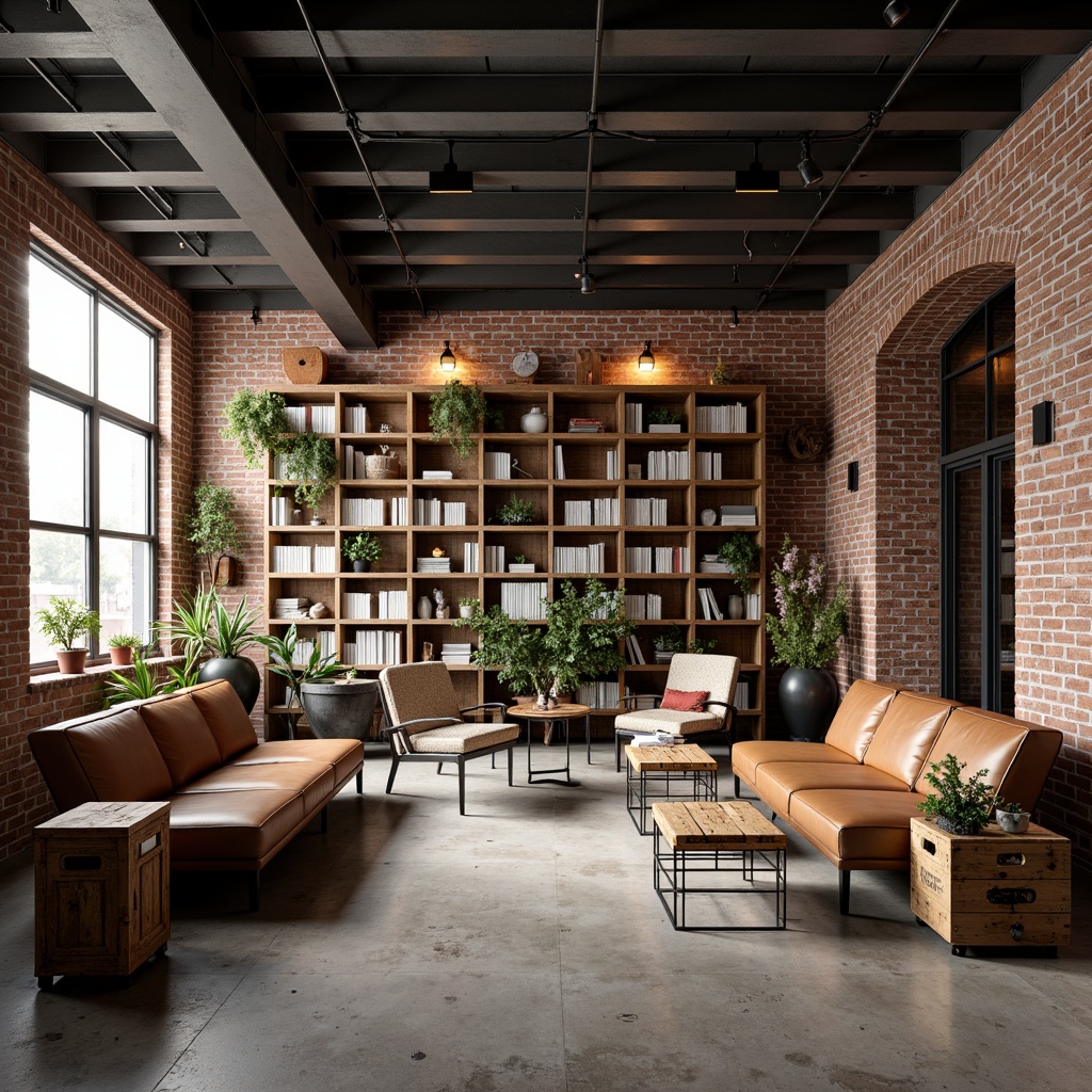 Prompt: Exposed brick walls, metal beams, reclaimed wood shelving, industrial-style lighting fixtures, vintage book carts, distressed leather sofas, wooden crates, metal stools, urban loft atmosphere, natural light pouring in, high ceilings, modern minimalist decor, eclectic mix of old and new furniture pieces, rich wood tones, matte black metal accents, cozy reading nooks, floor-to-ceiling bookshelves, comfortable lounge seating areas, warm ambient lighting, shallow depth of field, 2/3 composition, realistic textures, subtle color grading.