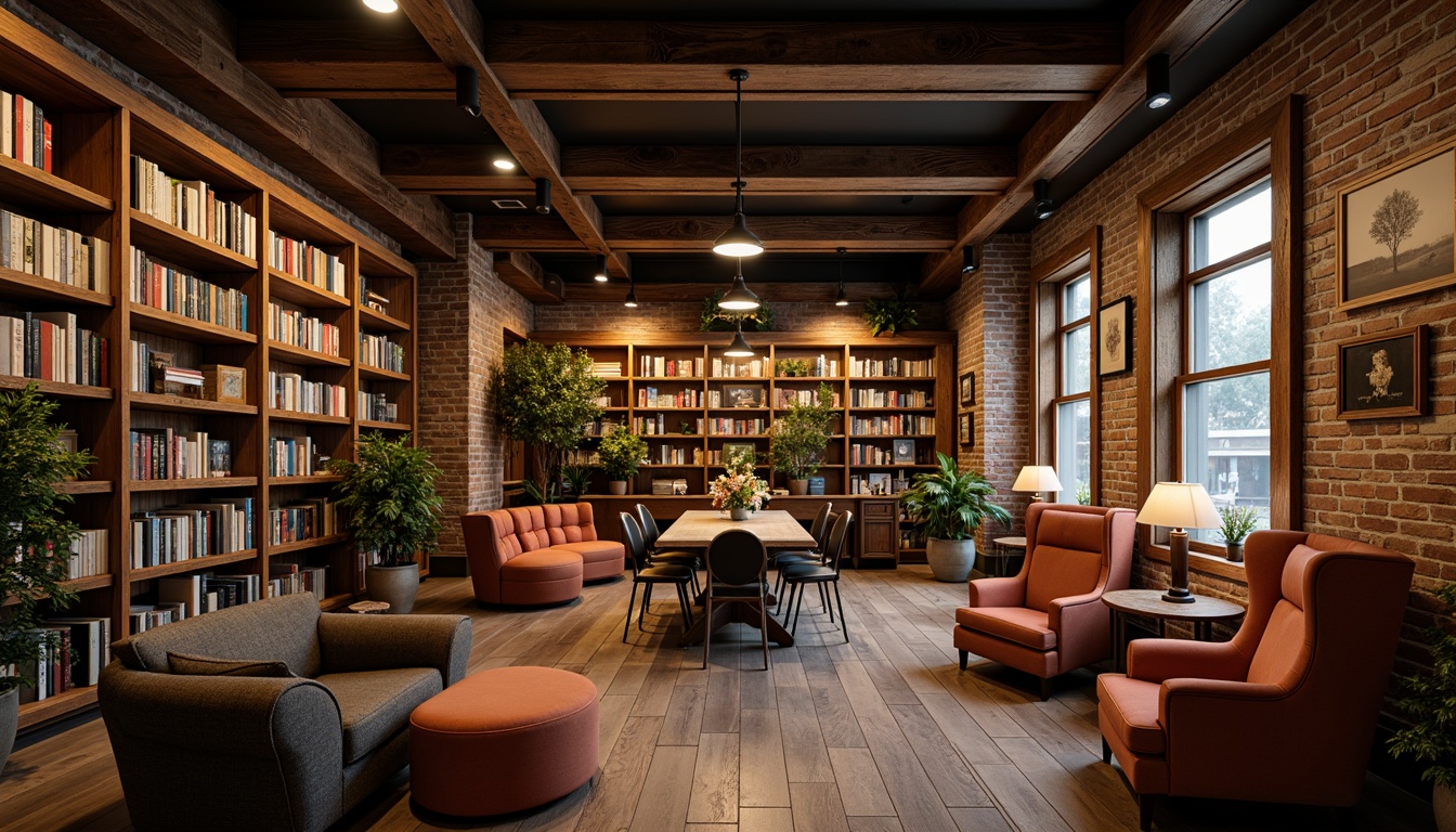 Prompt: Cozy bookstore, wooden shelves, vintage books, comfortable reading nooks, warm-toned lighting, pendant lamps, metal shades, industrial-chic fixtures, exposed brick walls, reclaimed wood accents, plush armchairs, floor-to-ceiling bookcases, ladder bookshelves, softbox lights, table lamps, warm white LED lighting, 1/2 composition, shallow depth of field, realistic textures, ambient occlusion.