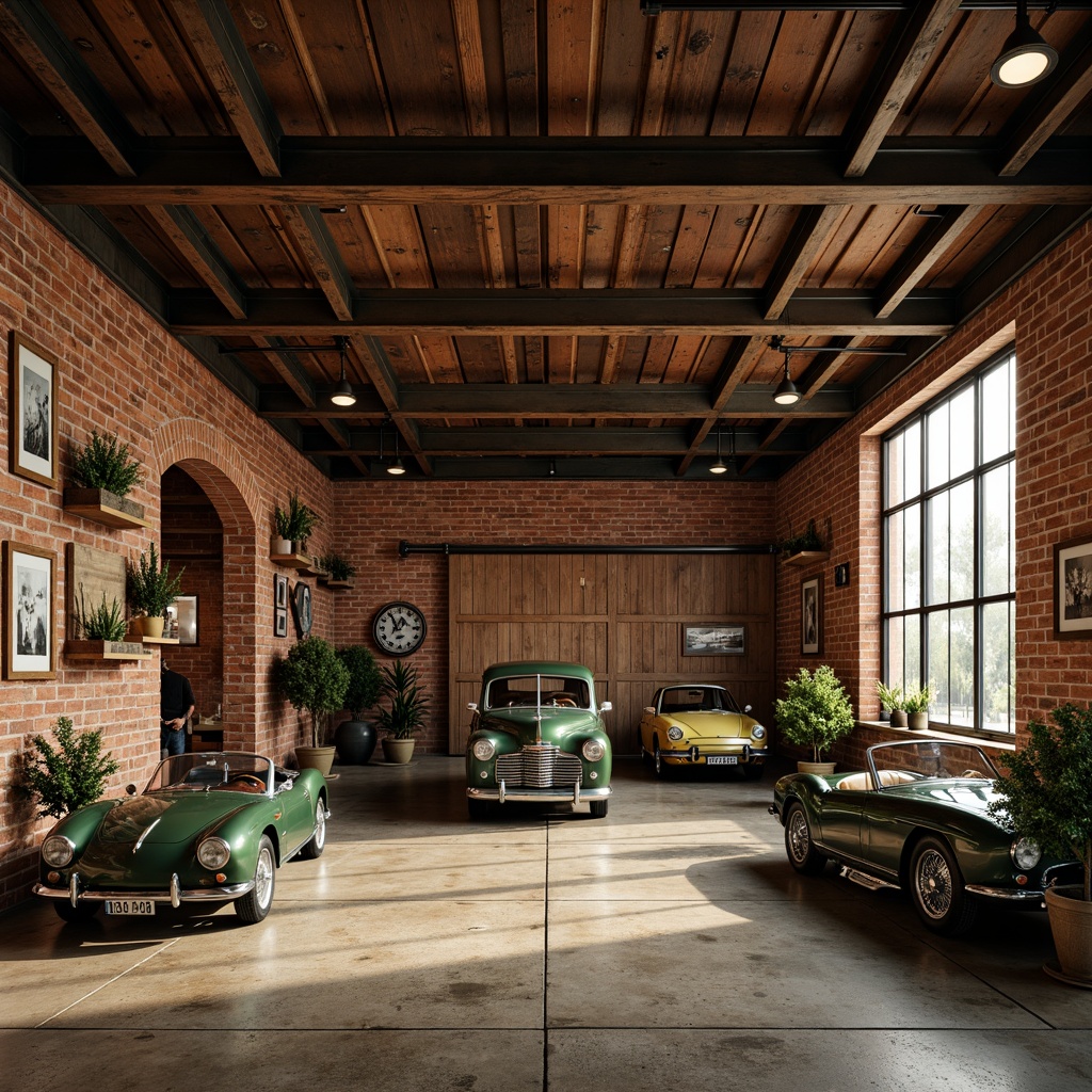 Prompt: Rustic garage interior, industrial-style metal beams, exposed brick walls, polished concrete floors, distressed wood accents, vintage car decorations, warm ambient lighting, earthy color tones, olive green, terracotta red, weathered bronze, soft natural textures, subtle gradient effects, 1/2 composition, atmospheric perspective, cinematic mood, realistic reflections.