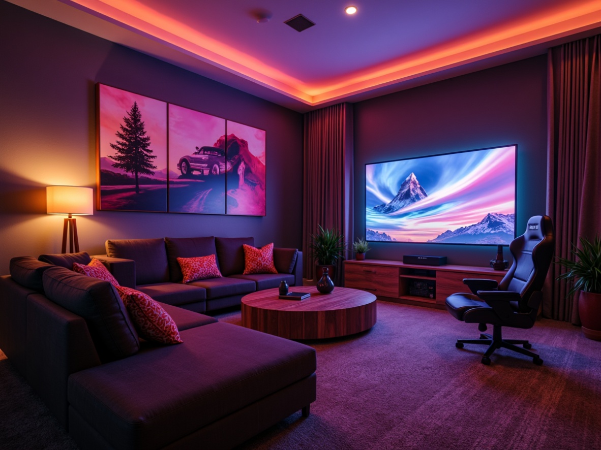 Prompt: Cozy game room, sectional sofa, wooden coffee table, floor lamps, soundproofing walls, high-tech gaming PC, large curved screen, ergonomic gaming chair, neon ambient lighting, carpeted floors, modern minimalist decor, warm color scheme, relaxed atmosphere, immersive gaming experience, cinematic sound effects, 1/1 composition, shallow depth of field, panoramic view.