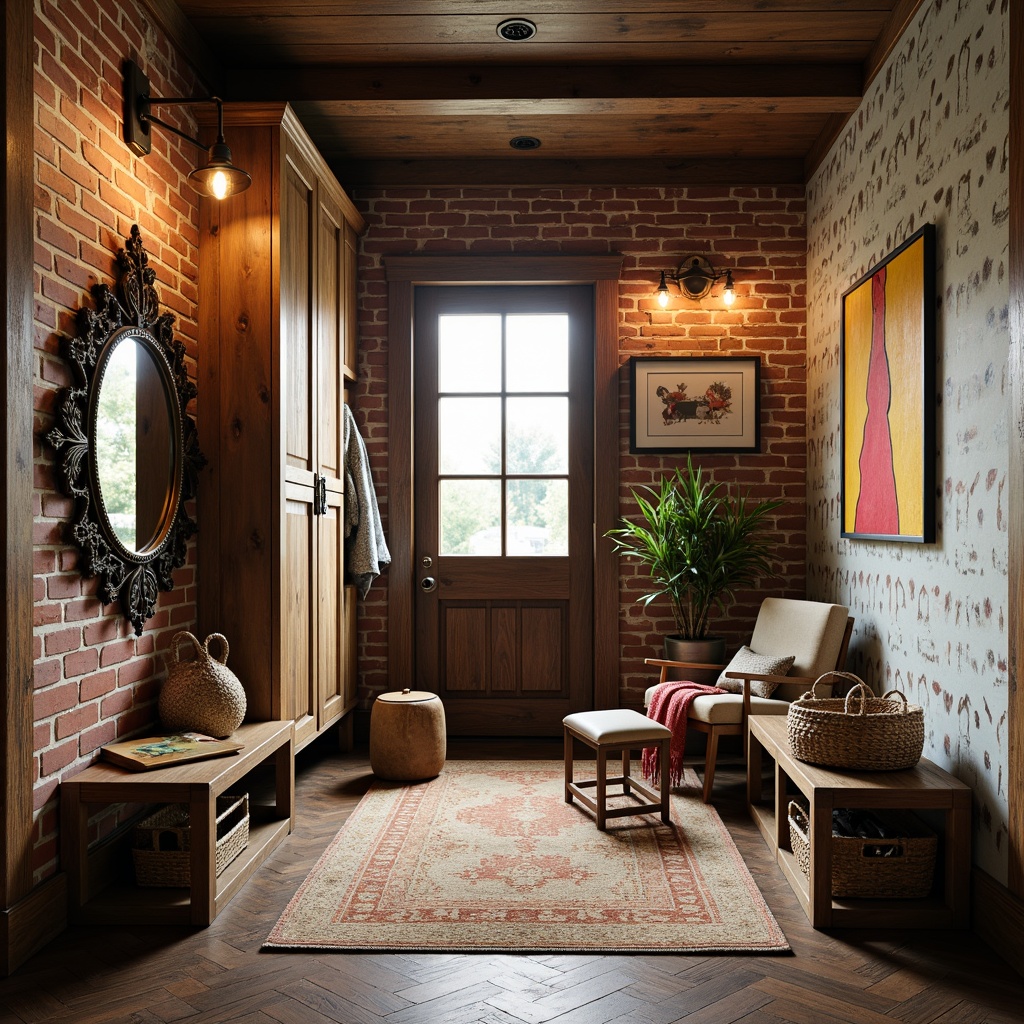 Prompt: Whimsical mudroom, eclectic furniture pieces, distressed wood accents, vintage metal hardware, playful color palette, bold geometric patterns, oversized storage cabinets, woven baskets, natural fiber rugs, industrial-style lighting fixtures, exposed brick walls, rustic wooden benches, ornate mirror frames, abstract artwork, statement wallpaper, moody warm lighting, shallow depth of field, 2/3 composition, realistic textures, ambient occlusion.