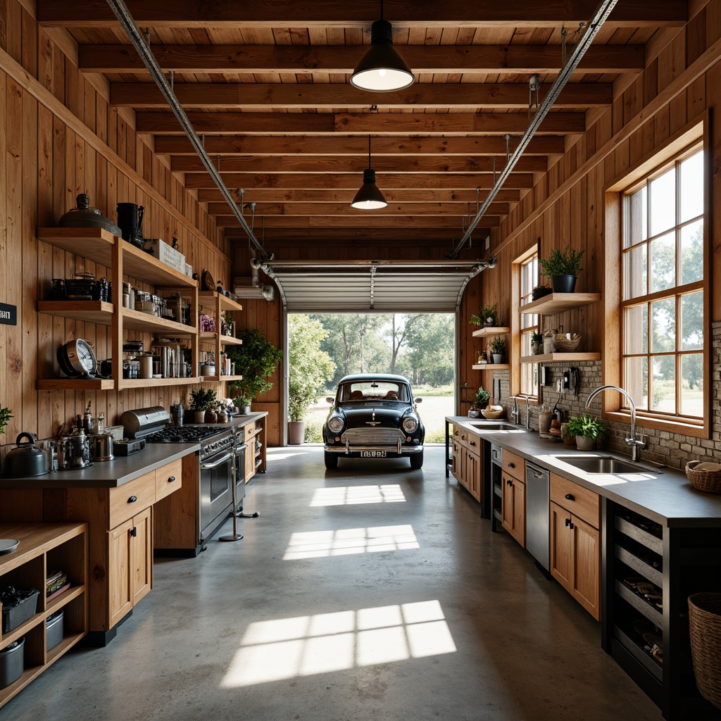 Prompt: Cozy family garage, rustic wooden walls, polished concrete floors, vintage car displays, tool workstations, pegboard storage, built-in shelving, epoxy resin countertops, metal overhead doors, industrial lighting fixtures, earthy color palette, natural textures, warm ambient lighting, shallow depth of field, 1/1 composition, realistic renderings, ambient occlusion.