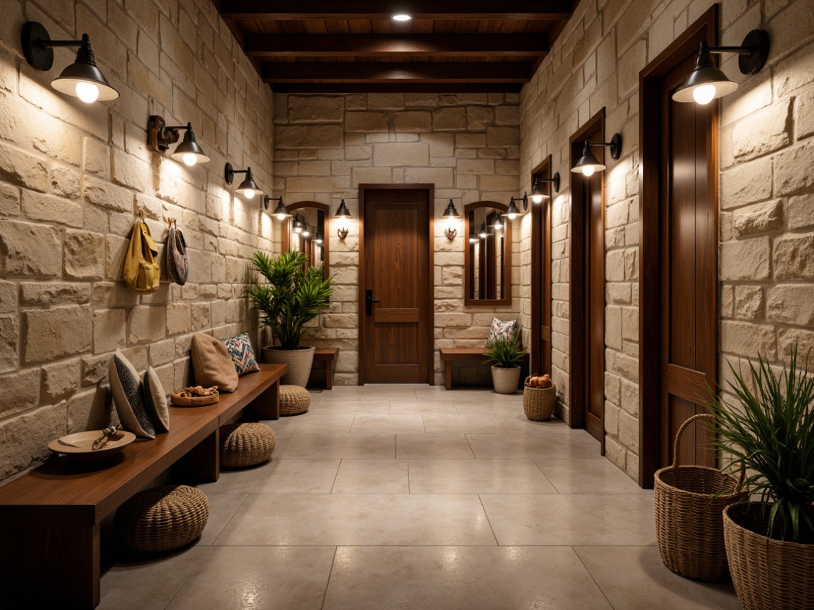 Prompt: Rustic mudroom, natural stone walls, earthy tones, industrial lighting fixtures, metal shades, exposed bulbs, reclaimed wood benches, woven baskets, distressed leather accessories, organic textures, warm ambient lighting, soft shadows, 1/1 composition, realistic reflections, atmospheric rendering.