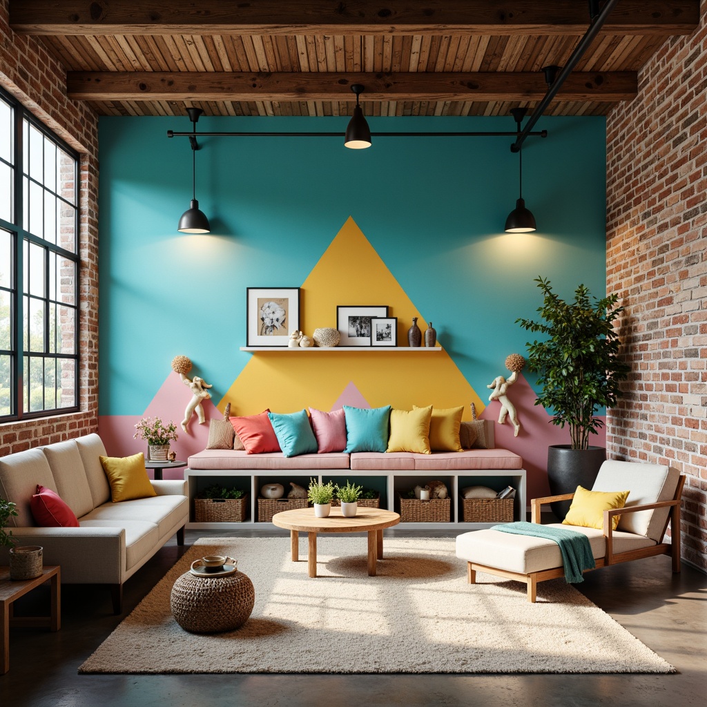 Prompt: Exposed brick walls, metal beams, reclaimed wood accents, industrial-style lighting fixtures, concrete floors, distressed finishes, bold color scheme, bright turquoise, deep blues, sunny yellows, pastel pinks, creamy whites, natural textiles, woven baskets, minimalist decor, functional storage units, cozy reading nooks, playful wall decals, geometric patterns, modern furniture pieces, eclectic art displays, soft warm lighting, shallow depth of field, 1/1 composition, realistic textures, ambient occlusion.