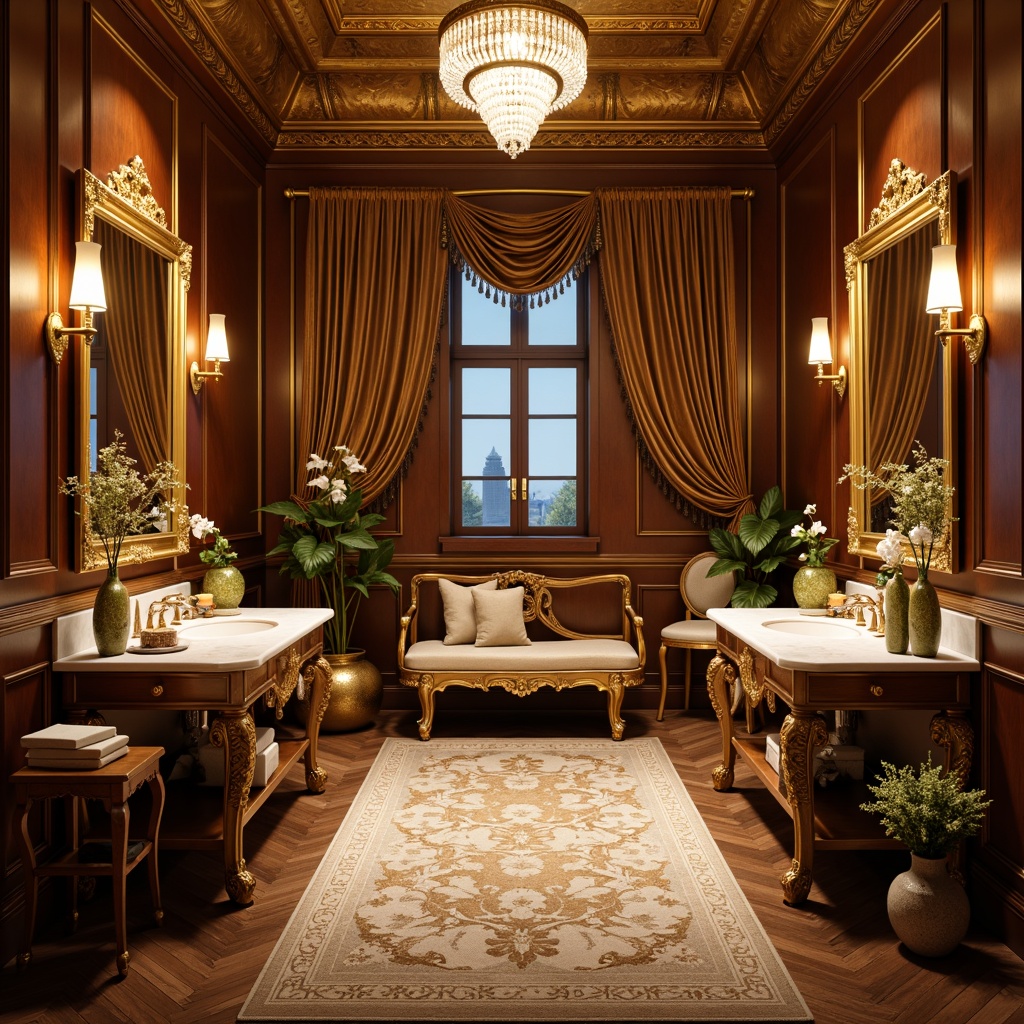 Prompt: Luxurious powder room, ornate golden mirrors, intricately carved wooden panels, lavish silk drapes, soft warm lighting, delicate ceramic vases, exquisite marble countertops, opulent crystal chandeliers, richly patterned rugs, grandiose furniture, Rococo-inspired accents, gilded frames, subtle scents, intimate ambiance, shallow depth of field, 1/1 composition, warm color palette, realistic textures, ambient occlusion.