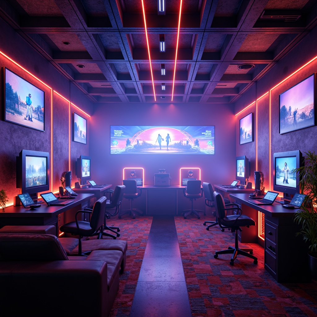 Prompt: Neon-lit game room, futuristic ambiance, dynamic LED lights, glowing accents, high-tech gadgets, sleek gaming stations, immersive VR experiences, comfortable couches, vibrant color schemes, geometric patterns, metallic surfaces, industrial-chic decor, atmospheric fog effects, moody lighting, dramatic shadows, cinematic feel, 1/1 composition, shallow depth of field, realistic textures, ambient occlusion.