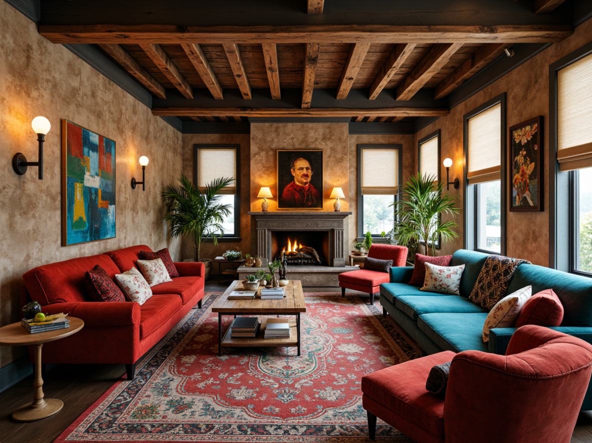 Prompt: Eclectic great room, bold color palette, mixed patterned textiles, velvet sofas, distressed leather armchairs, Moroccan-inspired tiles, reclaimed wood accent walls, industrial metal lighting fixtures, vintage rug, layered window treatments, abstract artwork, eclectic decorative accessories, bohemian vibe, warm atmospheric lighting, 1/2 composition, realistic textures, soft focus effect.