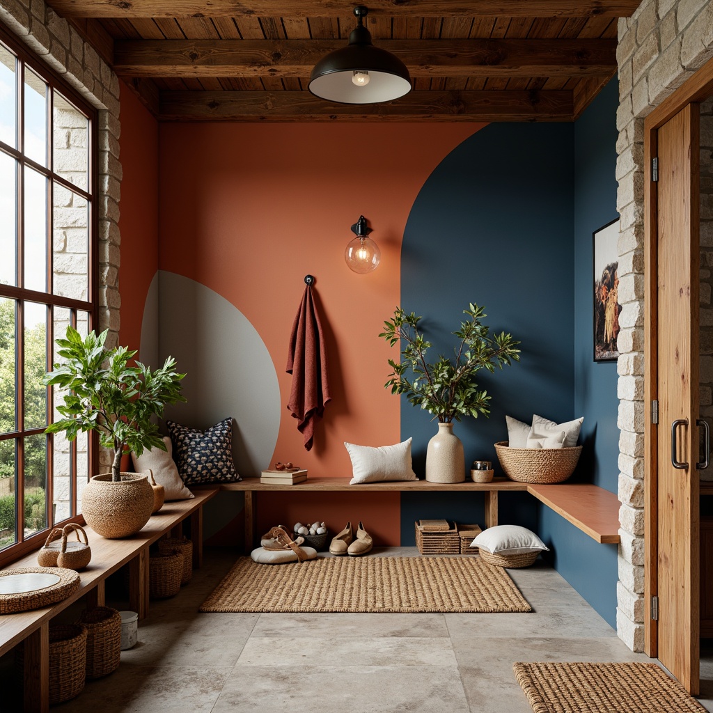 Prompt: Eclectic mudroom, bold color blocking, rich terracotta tones, deep blues, warm beige accents, rugged stone walls, distressed wood textures, industrial metal fixtures, abstract geometric patterns, playful polka dots, oversized vintage lighting, rustic wooden benches, woven wicker storage baskets, earthy planters, soft warm lighting, shallow depth of field, 1/1 composition, realistic textures, ambient occlusion.Let me know if this meets your requirements!