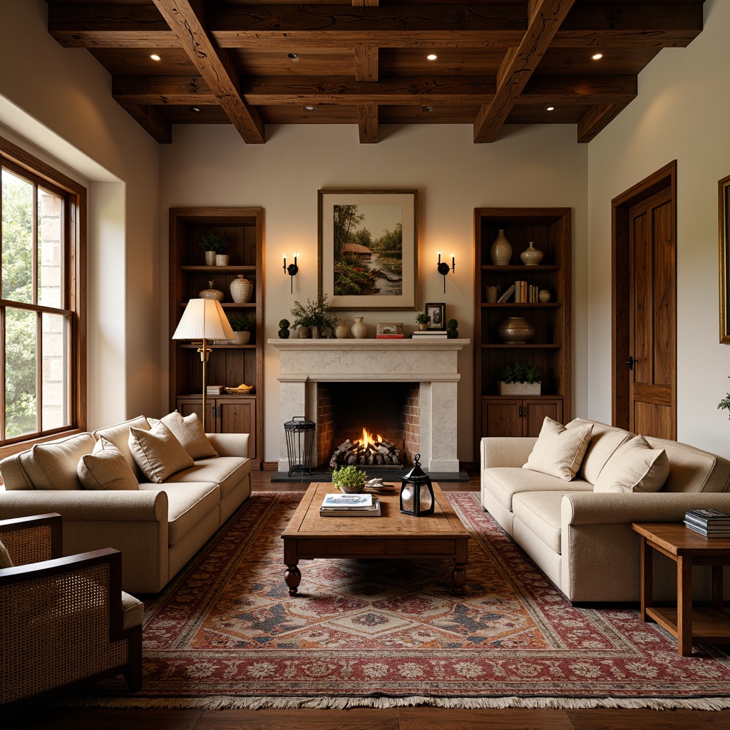 Prompt: Warm earthy tones, rustic wooden accents, plush area rugs, comfortable sectional sofas, vintage armchairs, ornate wooden coffee tables, classic lantern-style lighting, rich leather upholstery, natural stone walls, cozy fireplace, built-in shelving units, traditional cabinetry, warm beige colors, soft cream textures, elegant drapery, subtle patterned fabrics, warm golden lighting, relaxed atmosphere, inviting conversation areas.