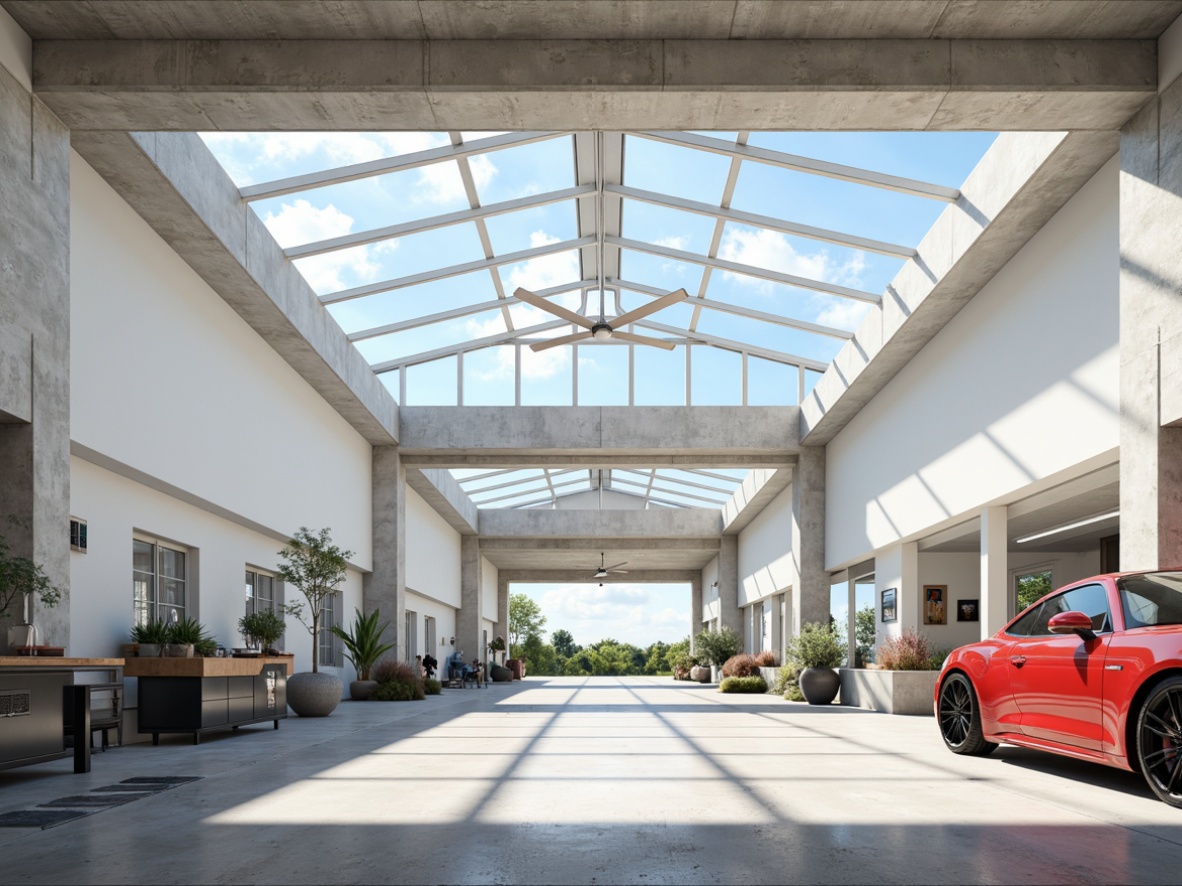 Prompt: Bright garage interior, overhead skylights, clerestory windows, translucent roof panels, reflective white walls, polished concrete floors, minimal obstruction layout, abundant natural light, warm sunny day, soft diffused lighting, shallow depth of field, 1/1 composition, realistic textures, ambient occlusion, modern industrial design, steel beams, aluminum frames, minimalist decor, functional storage solutions, organized tool displays, sleek workstations.