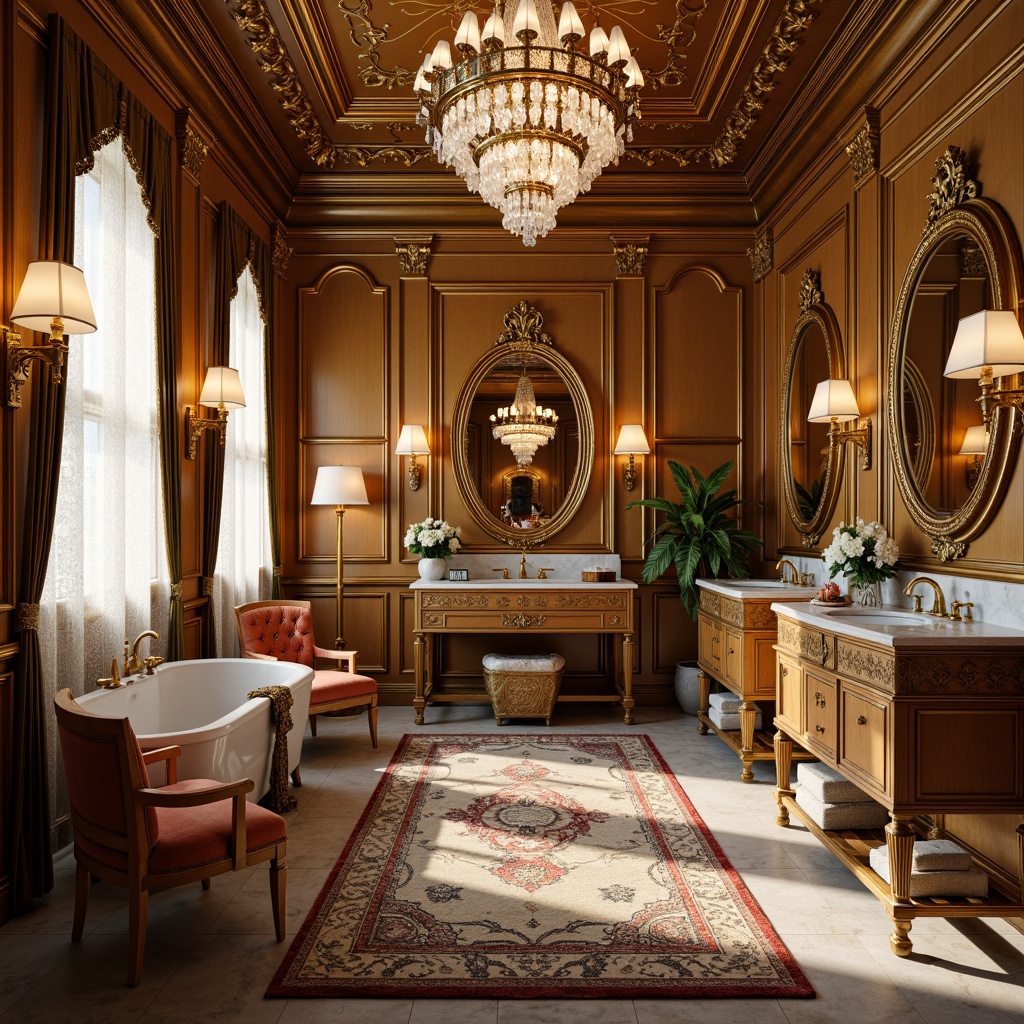 Prompt: Luxurious powder room, ornate gold accents, intricate carvings, velvety soft furnishings, lavish crystal chandeliers, richly patterned rugs, opulent marble countertops, grandiose mirrors, delicate lace curtains, subtle scents, warm golden lighting, shallow depth of field, 1/1 composition, realistic textures, ambient occlusion.