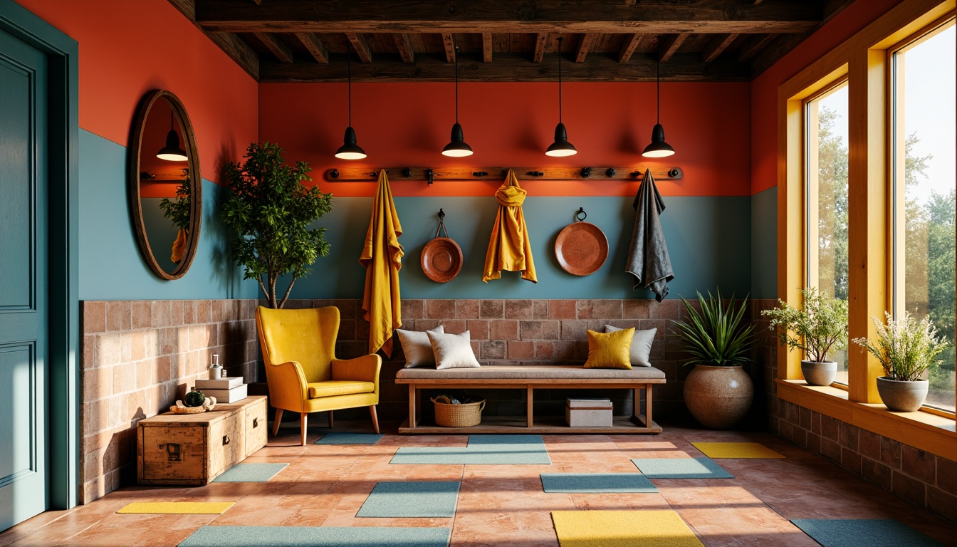 Prompt: Vibrant postmodern mudroom, bold color blocking, earthy tones, rich terracotta reds, deep blues, sunny yellows, playful geometric patterns, abstract textures, natural stone accents, industrial metal beams, reclaimed wood furnishings, eclectic decorative accessories, whimsical lighting fixtures, dramatic shadows, moody atmosphere, cinematic composition, high-contrast ratios.