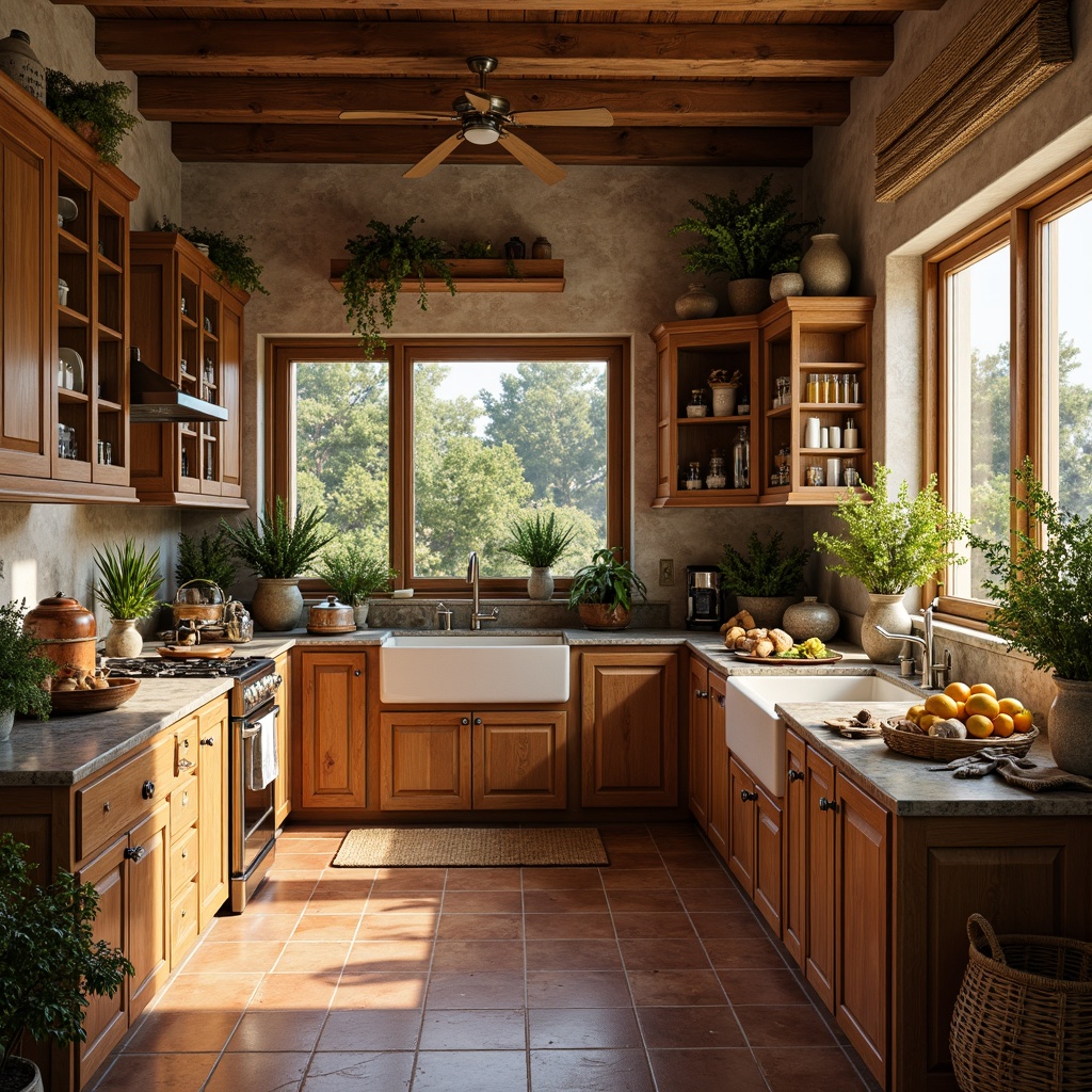 Prompt: Warm Mediterranean kitchen, rich wooden cabinets, rustic stone countertops, earthy terracotta tiles, aromatic herb gardens, vintage ceramic jars, distressed metal lanterns, woven wicker baskets, ornate wooden spoons, colorful glazed ceramics, fragrant lemons, artisanal olive oils, crusty bread, aged cheeses, sun-drenched windows, soft warm lighting, shallow depth of field, 3/4 composition, realistic textures, ambient occlusion.