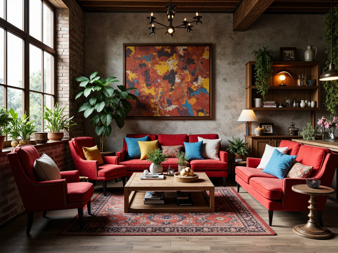 Prompt: Vibrant eclectic living room, vintage armchairs, velvet sofas, wooden coffee tables, colorful rugs, patterned throw pillows, abstract artwork, industrial metal lamps, reclaimed wood shelves, ornate mirrors, lush greenery, natural stone walls, exposed brick ceilings, warm cozy lighting, shallow depth of field, 1/2 composition, realistic textures, ambient occlusion.