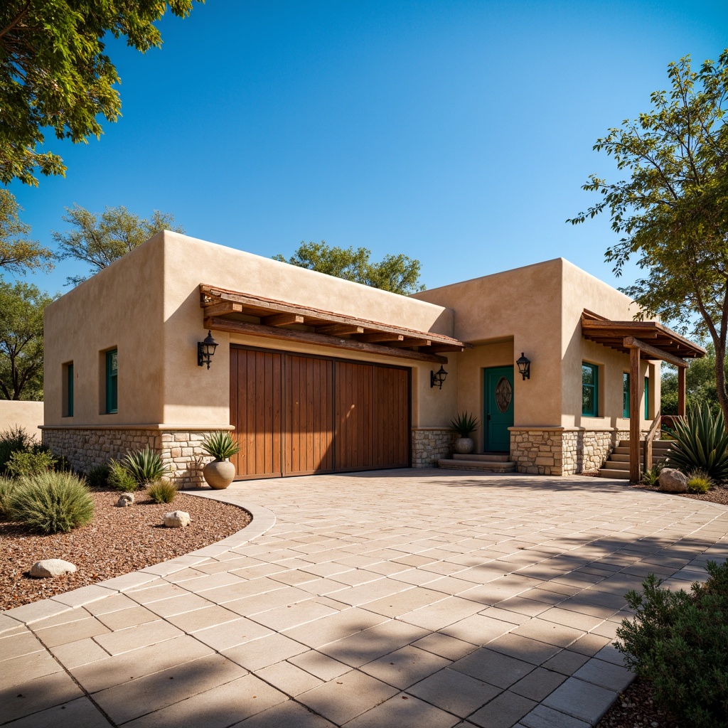 Prompt: Southwestern style garage, earthy tones, stucco exterior, rustic wooden accents, terracotta roof tiles, sandy beige walls, natural stone foundations, ornate metalwork, vibrant turquoise accents, desert landscape, cacti plants, clear blue sky, warm sunny day, low-angle shot, dramatic shadows, 3/4 composition, realistic textures, ambient occlusion.