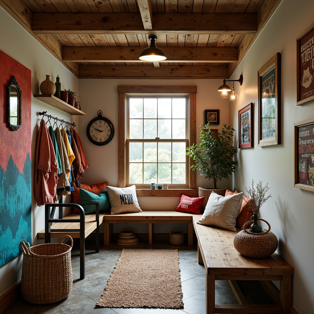 Prompt: Whimsical mudroom, eclectic furniture pieces, distressed wood tones, industrial metal accents, vibrant color pops, playful patterns, oversized decorative hooks, woven baskets, natural fiber rugs, earthy scents, warm task lighting, rustic wooden benches, ornate mirrors, abstract artwork, organic shapes, irregular forms, bold typography, contrasting textures, 2/3 composition, shallow depth of field, moody atmospheric lighting.