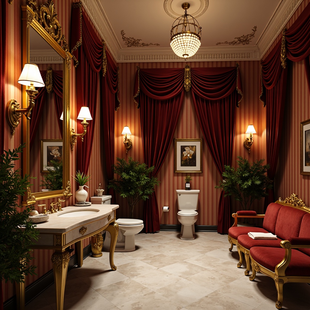 Prompt: Opulent powder room, rich velvet drapes, ornate gilded frames, intricate plasterwork, Rococo-inspired furniture, luxurious marble countertops, delicate ceramic vases, lavish chandeliers, soft warm lighting, subtle shadowing, 1/1 composition, intimate atmosphere, realistic textures, ambient occlusion, golden accents, subtle patterns, elegant curves, refined shapes, sophisticated ambiance.