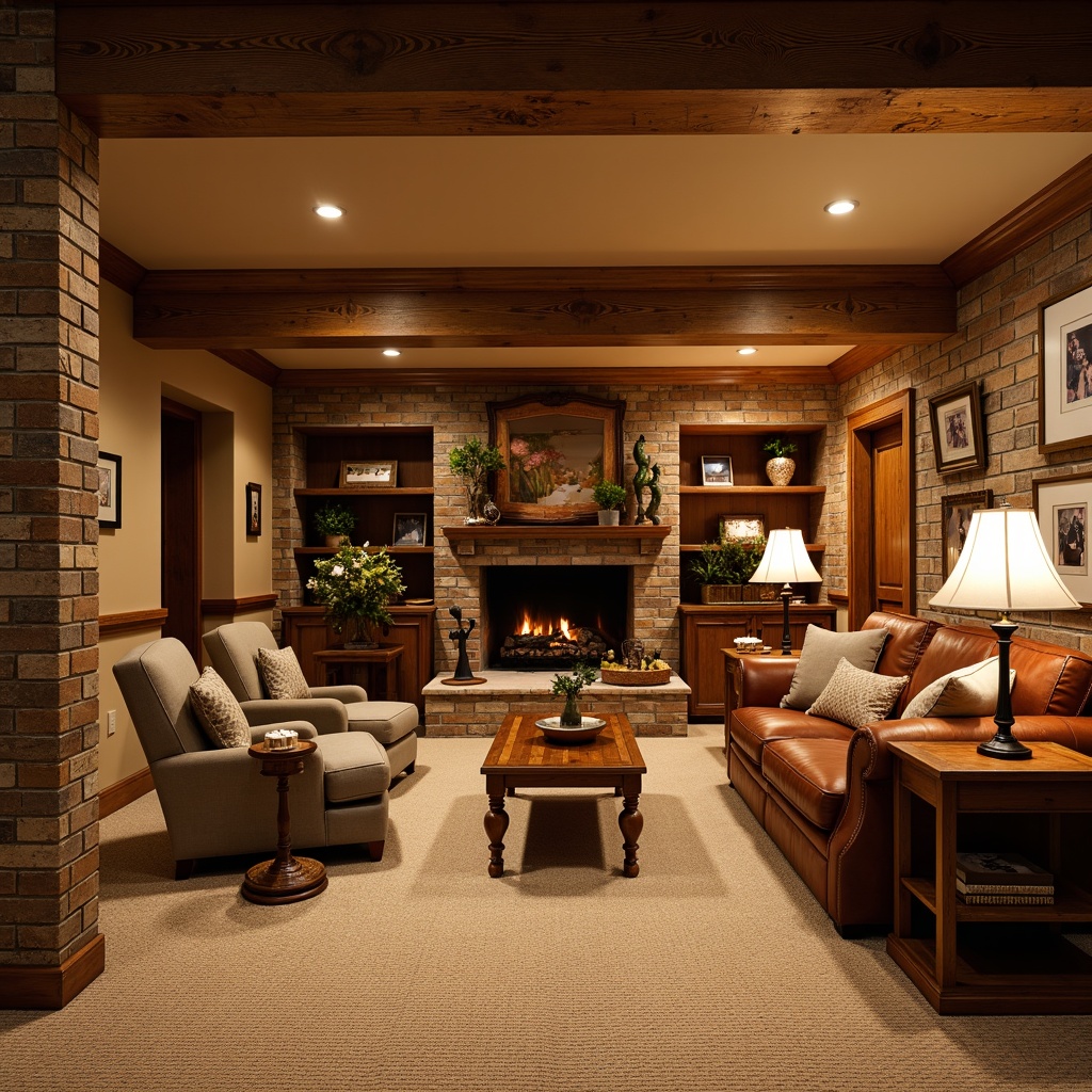 Prompt: Cozy basement, warm earthy tones, rustic wooden accents, comfortable plush sofas, vintage armchairs, rich leather upholstery, ornate wooden coffee tables, classic metal lamp fixtures, soft warm lighting, textured beige carpets, natural stone walls, brick archways, traditional decorative trims, nostalgic family photos, antique collectibles, warm color palette, inviting atmosphere, 1/2 composition, shallow depth of field, realistic textures.