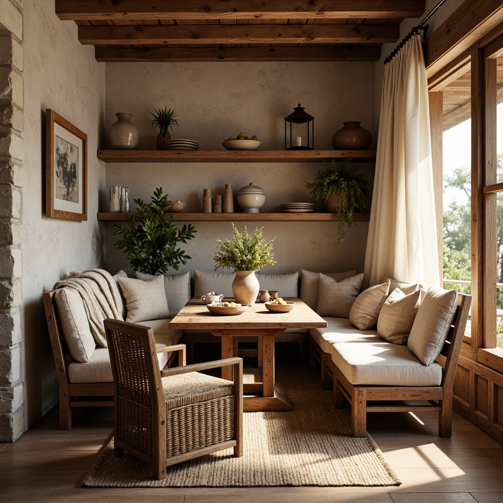 Prompt: Cozy breakfast nook, rustic wooden table, woven rattan chairs, warm earthy tones, natural stone walls, reclaimed wood accents, vintage metal lanterns, plush throw blankets, soft cotton fabrics, burlap upholstery, linen curtains, distressed finishes, country-style decor, farmhouse-inspired accessories, morning sunlight, softbox lighting, 3/4 composition, intimate atmosphere.